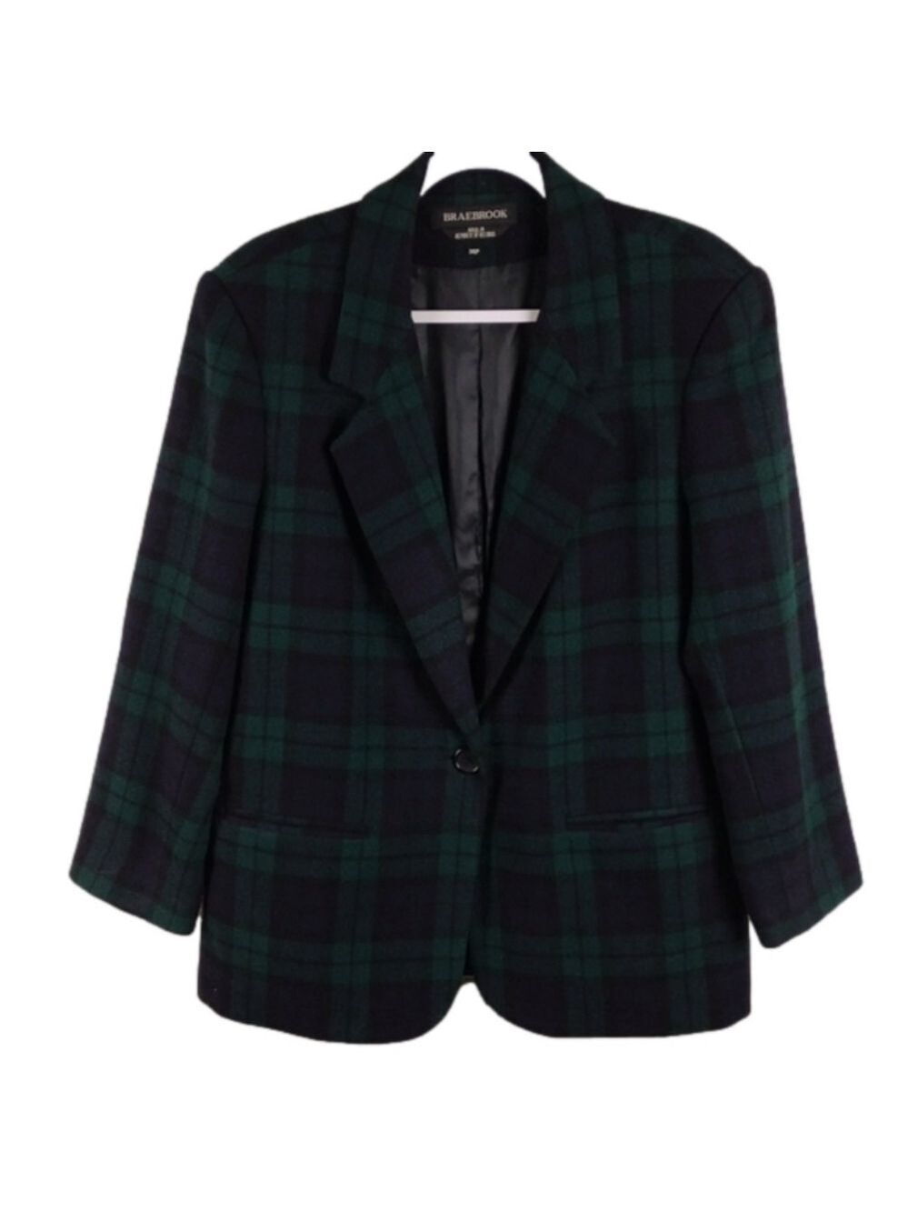 Braebrook Blue Green Plaid Wool One Notched Collar Long Sleeve Button Blazer